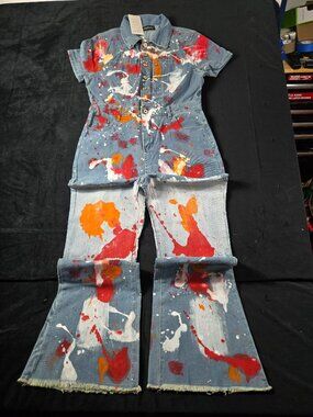 NWT Loragal Women's Large Paint Splatter Denim Jumpsuit Flare Leg